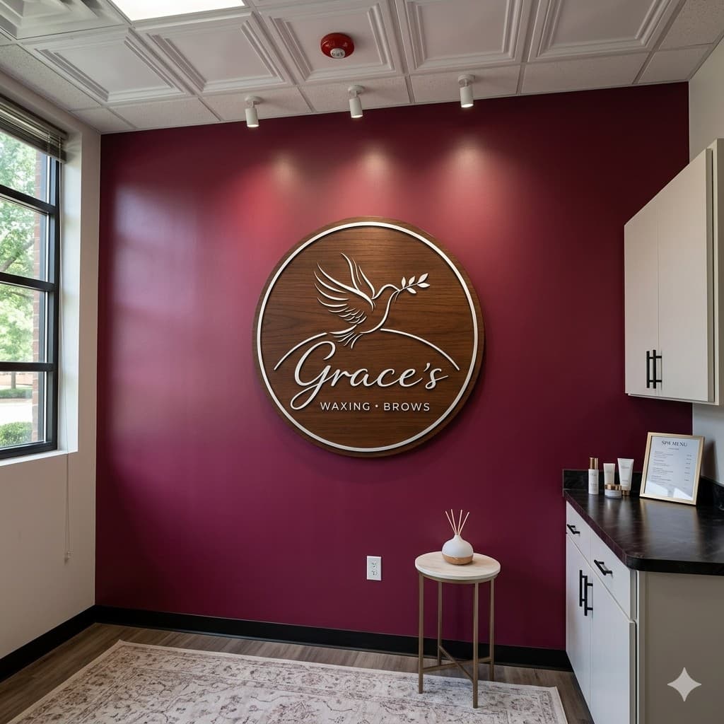 Inside Grace's private suite — plum accent wall with the Grace's Waxing & Brows wooden sign